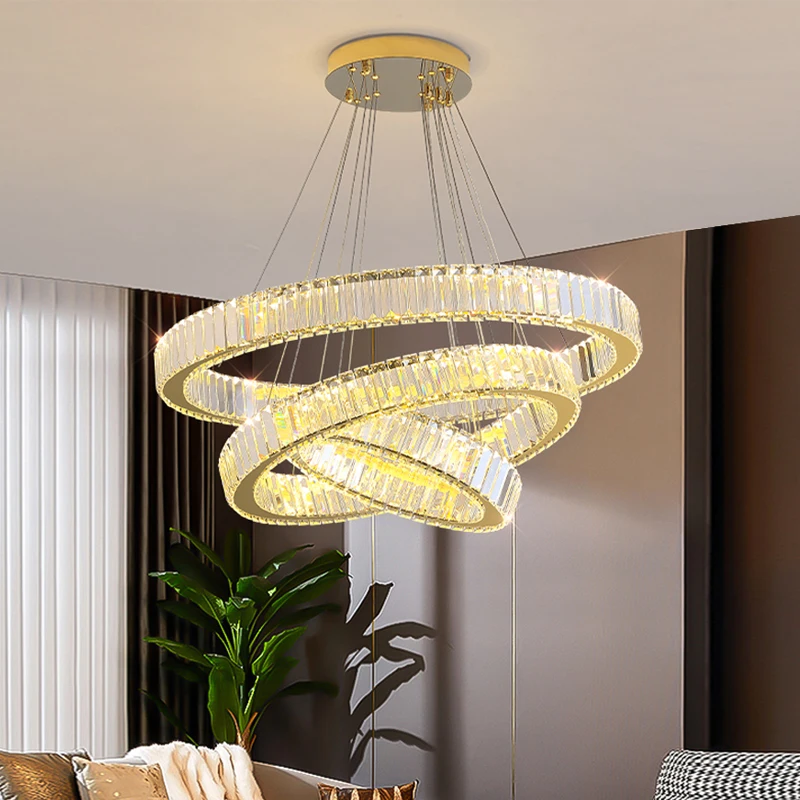 

Хрустальная люстра в форме кольца для гостиной, светодиодная лампа из хрусталя для столовой, золотистый Современный домашний декор, подвес...