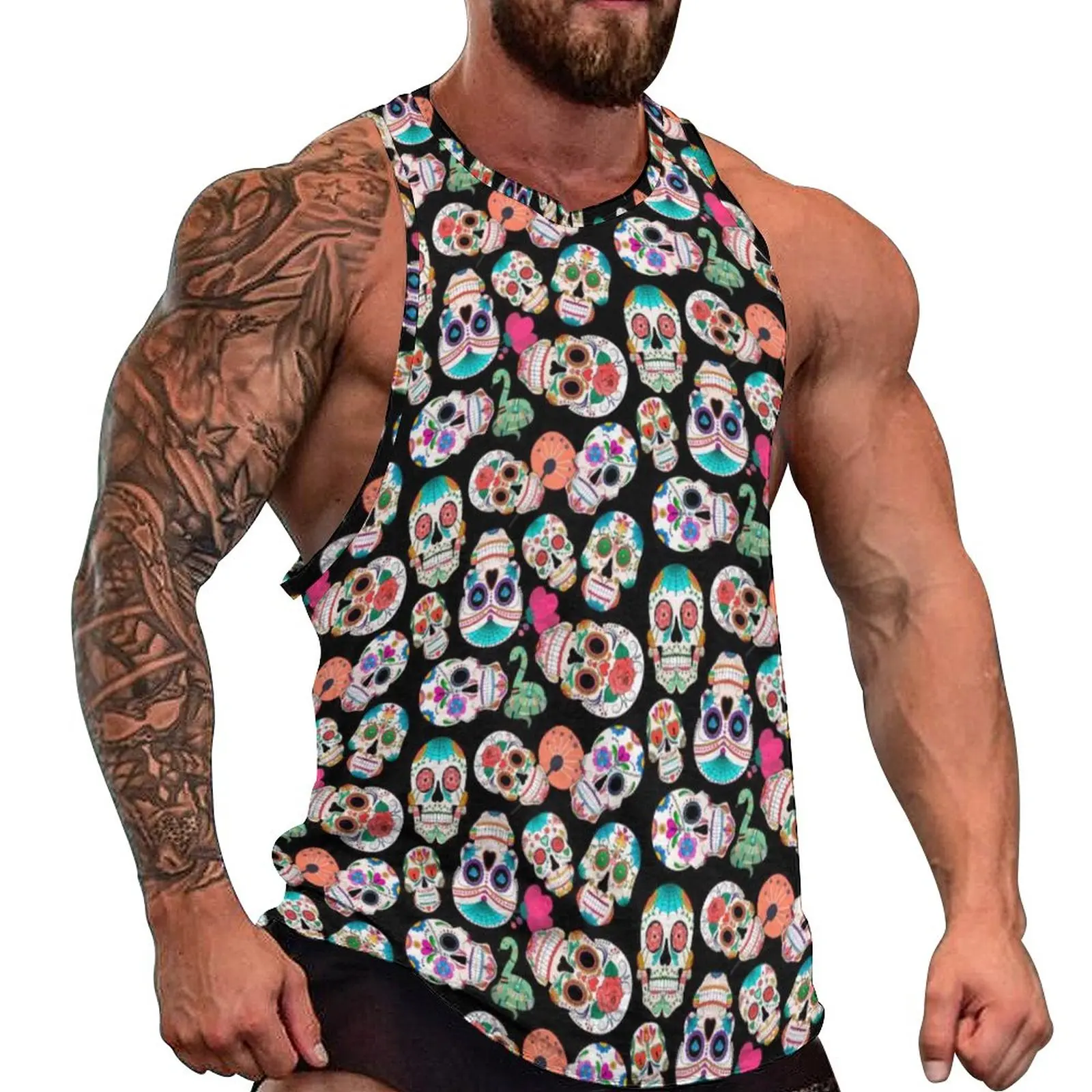 

Trendy Floral Skull Tank Top Man's Colorful Sugar Skulls Tops Summer Printed Training Sportswear Oversize Sleeveless Vests