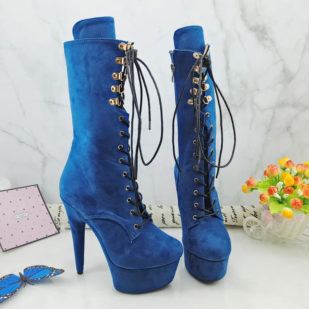 Leecabe Blue Suede 15CM/6inches Pole dancing shoes High Heel platform Boots closed toe Pole Dance booties