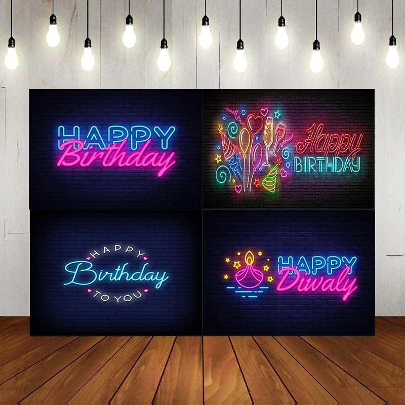 

Glow Neon Happy 10th Birthday Backdrop Banner Black Colorful Glowing 10 Years Old Birthday Party Theme Decorations Photography