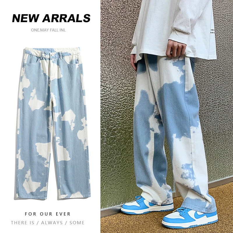 Blue Black Tie-dye Jeans Men Fashion Cotton Casual Baggy Jeans Men Streetwear Loose Hip-hop Wide-leg Jeans Mens Denim Pants