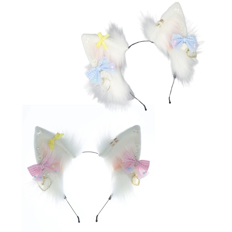 

Furry Cat Ears Headband Cute Bow Decors Realistic Plush Animal Ears Headdress