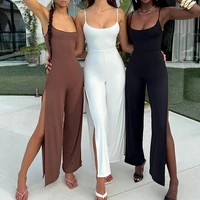 sexy camisole jumpsuit women summer back lace up solid color sleeveless high split romper casual streetwear female clothing