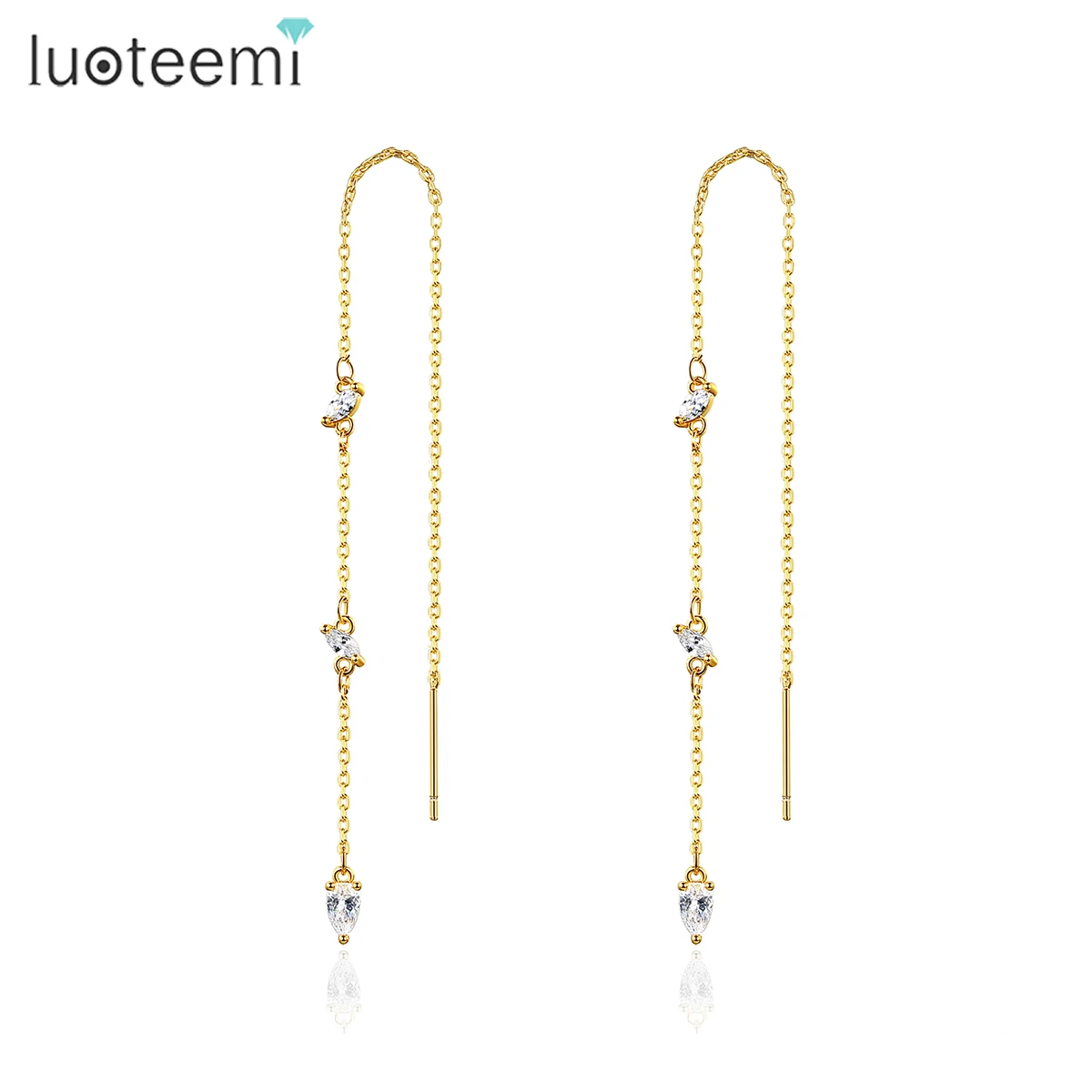 

LUOTEEMI Thin Gold Color Tassel Ear Lines for Women Small Clear Cubic Zircons Long Pendant Earrings for Girl Punk Party Jewelry