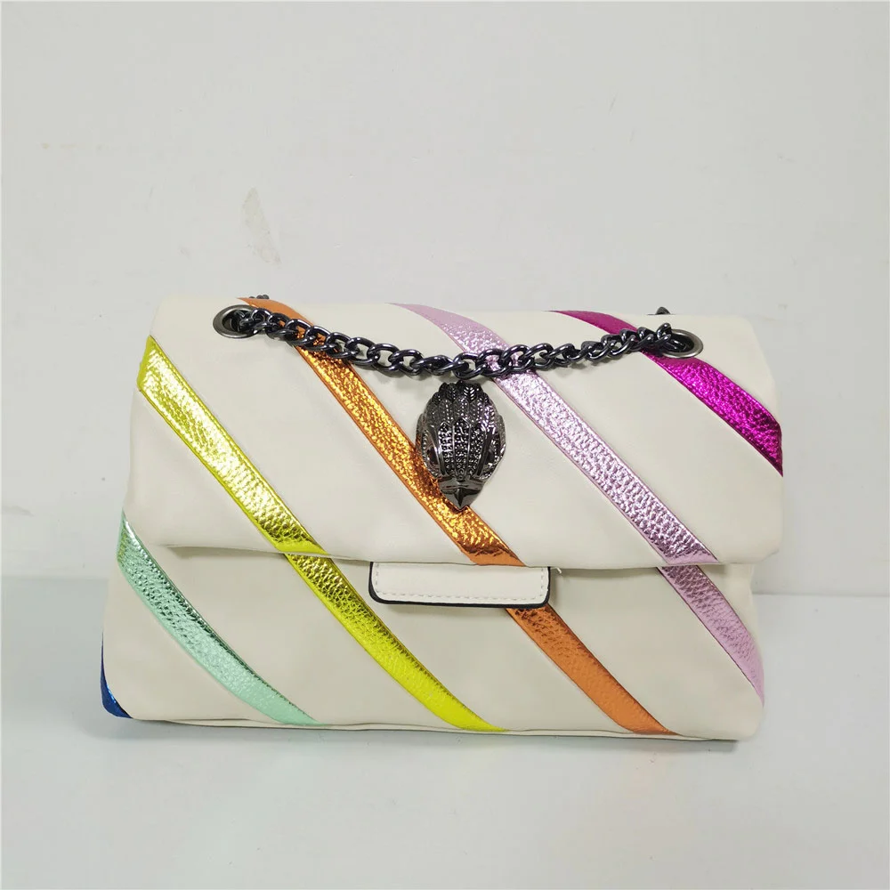 

2023 New Arrival Good Quality Rainbow Strip Women Purse Metal Eagle Head Jointing Colorful Cross Body Bag Patchwork Shoulder Bag