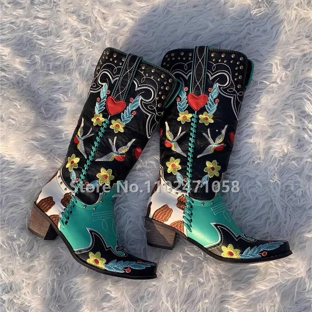 

Retro Birds Plants Totem Embroidery Women Mid-Calf Boots Fashion Mixed Color Round Toe Square Heel Female Western Cowboys Boots
