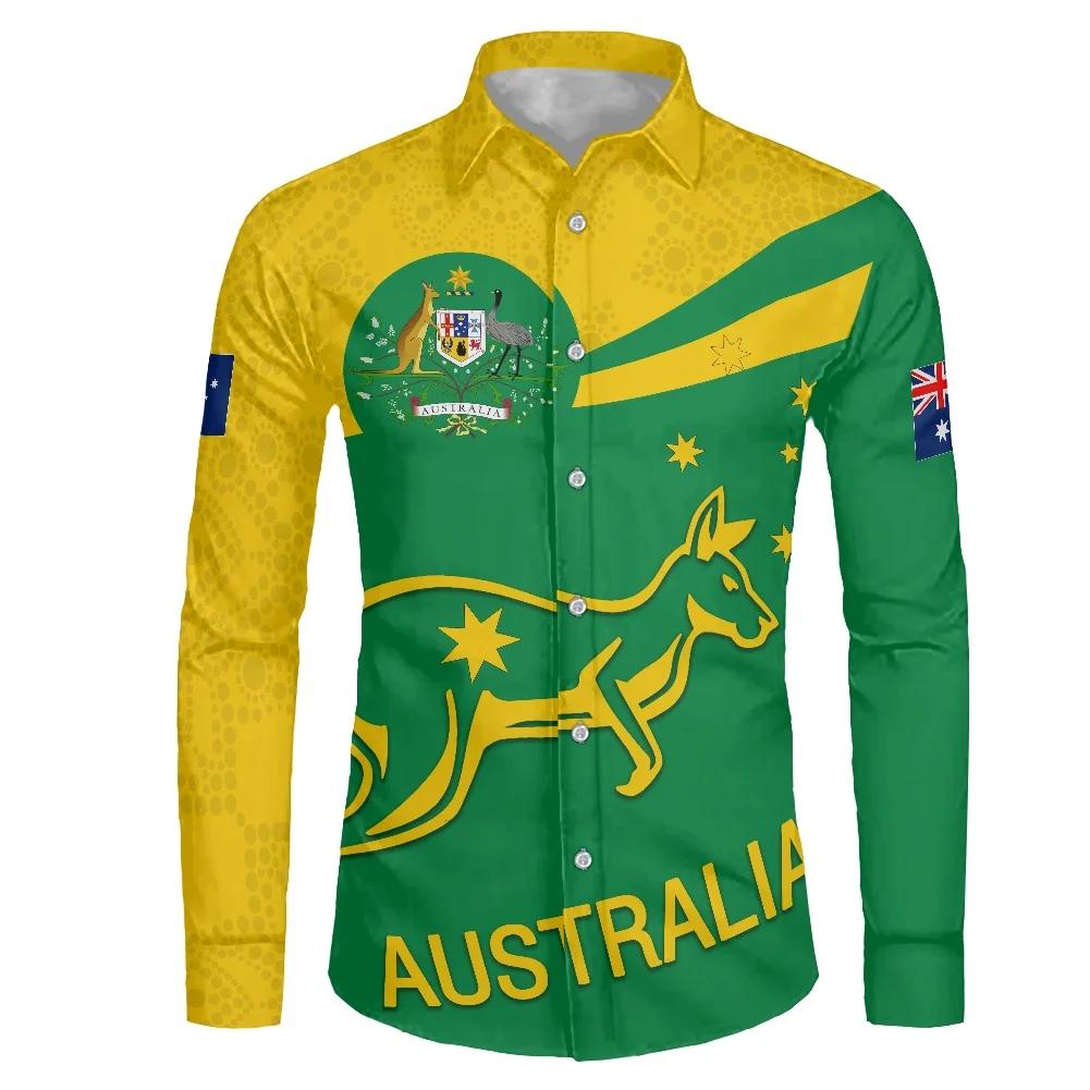 

Мужская классическая рубашка с длинным рукавом, желтая/зеленая формальная Классическая рубашка-кенгуру с австралийским флагом, простой ух...