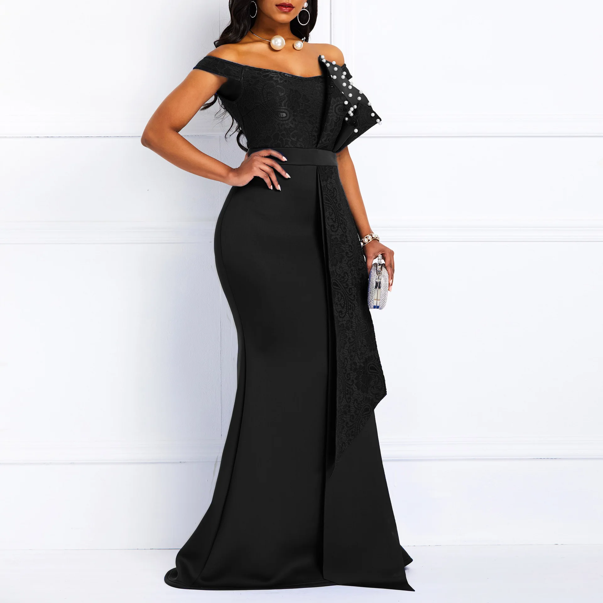 Bule Bodycon Off-Shoulder Women Dress 2023 New in Beaded Lace Mermaid Elegant Ladies Prom Wedding Evening Party Maxi Dresses