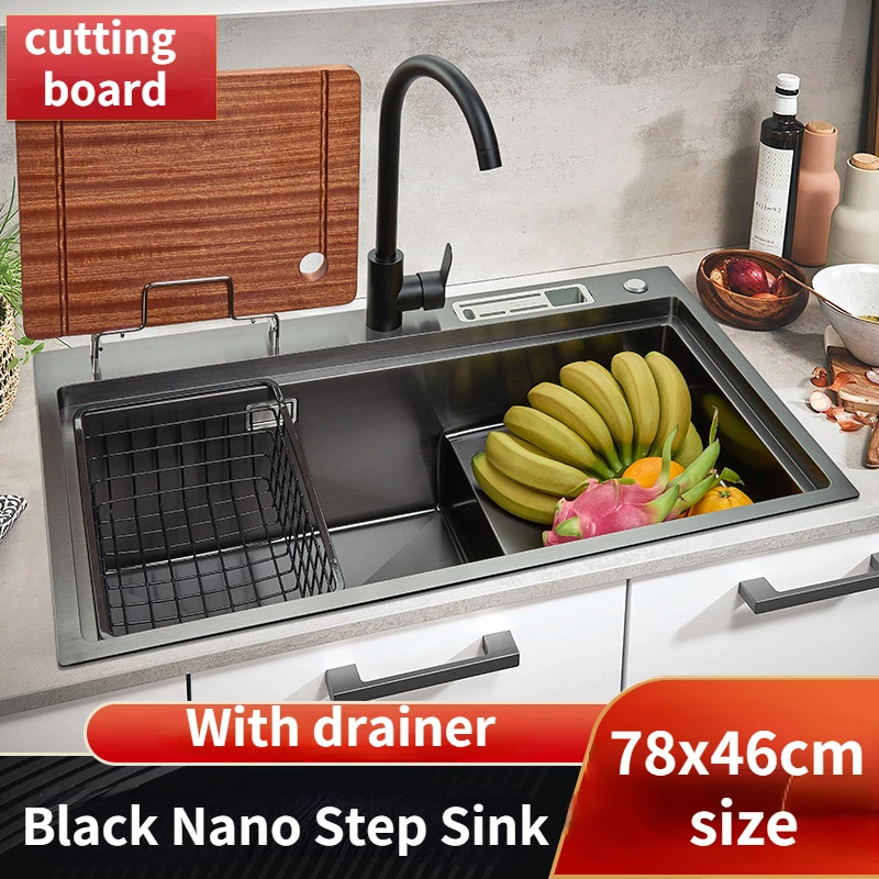 

Black King Kong Nano High Step Sink Hidden Tool Holder Shelf Large Capacity Stainless Steel Single Slot 78x46cm