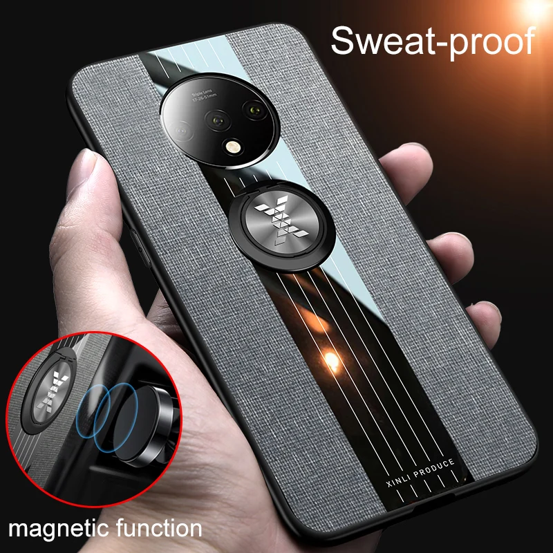 

Fabric Case for Oneplus 7T Car Ring Holder Acrylic + Soft Silicone Luxury Shockproof Canvas Back Phone Cover for Oneplus 7T Pro
