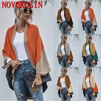 oversize out streetwear autumn knitted loose contrast poncho women cardigan knitwear female batwing sleeves vintage long sweater