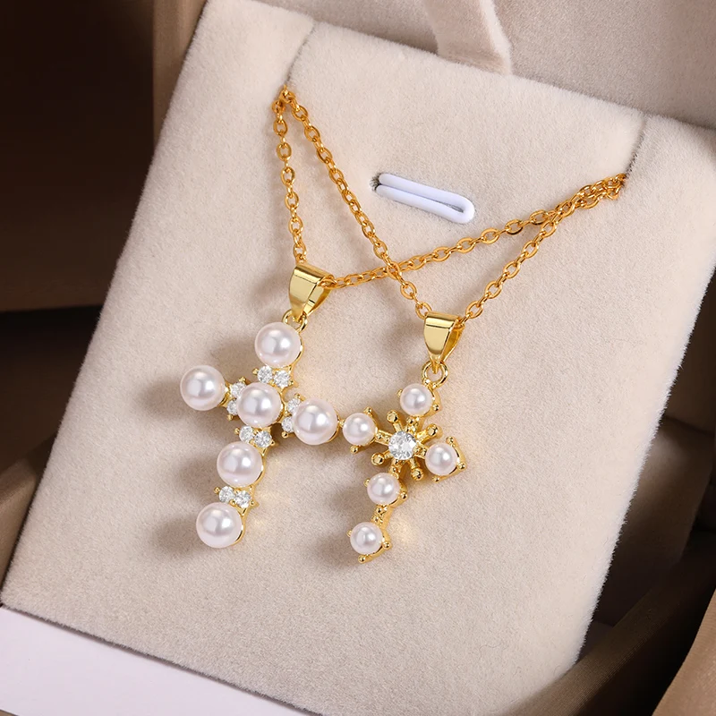 

Vintage Pearl Cross Pendant Necklace For Women Men Charm Zircon Cross Choker Couple Jewelry For Female Girls Prayer Baptism Gift