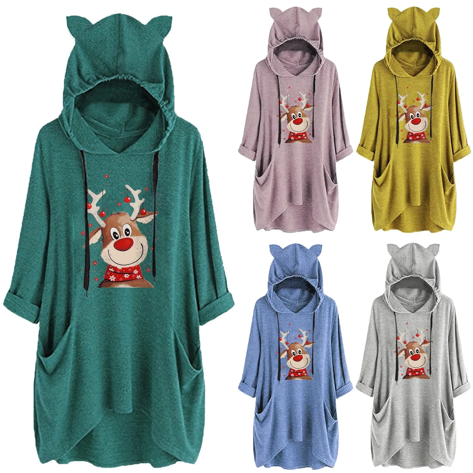 

Christmas Reindeer Print Kawaii Hoodies Women Casual Cat Ear Hooded Long Sleeves Irregular Top Blouse Oversized Hoodie Moleton