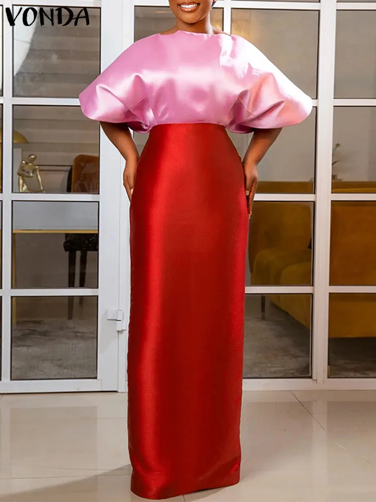 

VONDA Summer Elegant Satin Silk Dress Women 2023 Short Sleeve Party Sundress Casual Loose Color Patchwork Maxi Long Vestidos