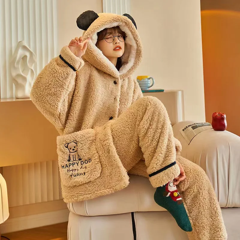 Winter Flannel Pajamas Sets For Women Coral Fleece Thick Warm Sweet Cute Loungewear Home Clothes 2 Piece/Set Sleepwear