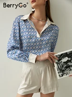 berrygo fashion print satin silk 2 piece sets women elegant long sleeve polo shirts and short sets high waist pocket casual sets