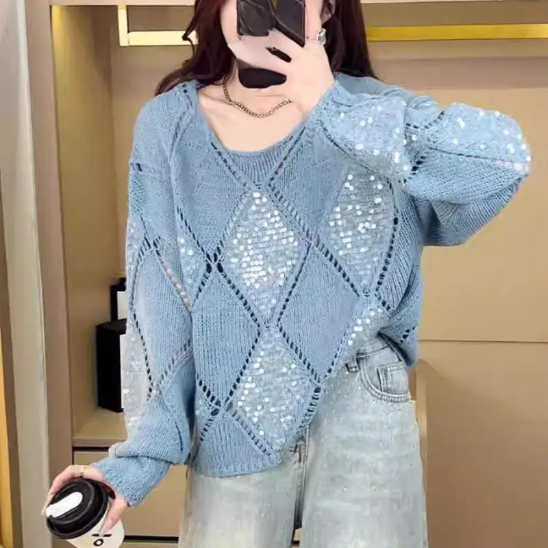 Dimanaf 2024 женские осенние свитера с блестками лоскутная ватная вязка свободный