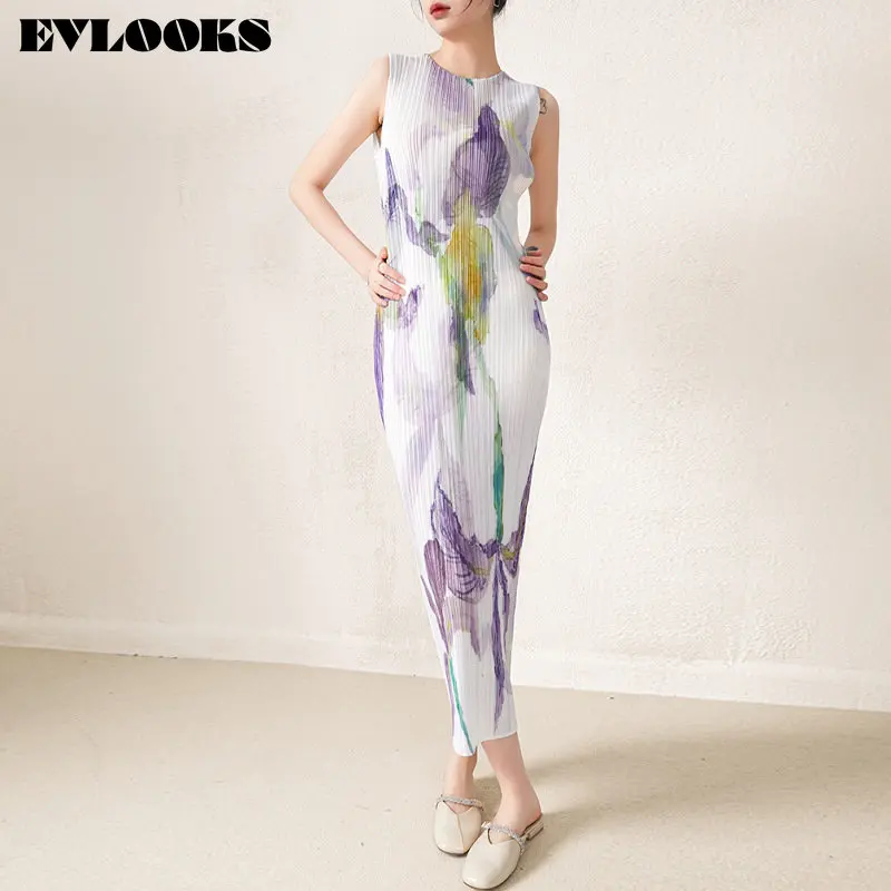 

Женское Плиссированное длинное платье evlook miяка с белым узором, новинка, свободное весенне-летнее платье большого размера с круглым вырезом ...