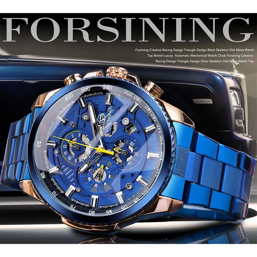 

Часы наручные Forsining Мужские механические, брендовые водонепроницаемые деловые функциональные с ремешком из нержавеющей стали, с вырезами