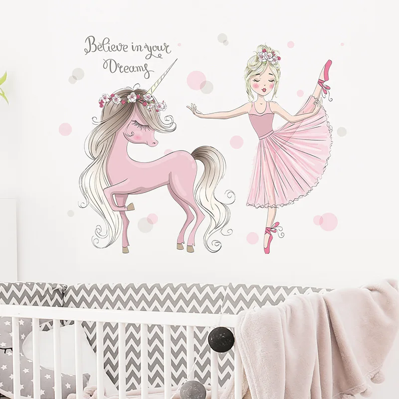 Fairy Princess Unicorn Wall Stickers for Kids Rooms Girls Cute Ballet Dancer Flower Star Wallpaper Nursery Baby Room Decoration images - 6