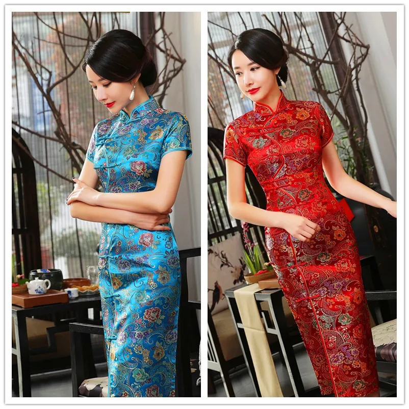 

Chinese Traditional Cheongsam For Woman Floral Print Stain Slit Qipao Wedding After Party Long Dress New Year Outfit