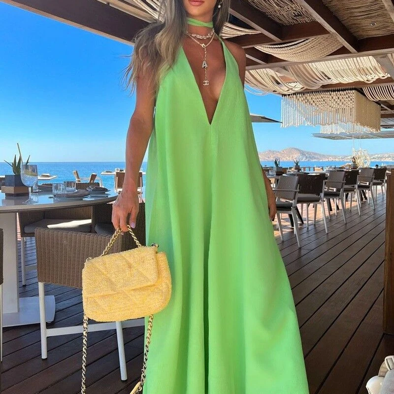 

2023 Summer Dress Women Hard Sexy Solid V-Neck Wide Truffle Back Strap Sleeveless Dress Holiday Party Dress Maxi Dress Vestidos