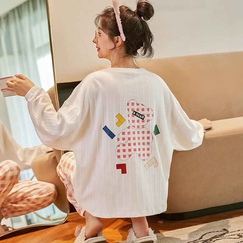 Yasuk Spring Autumn Fashion Women's Casual Lovely Print Cotton Pocket Sleepwear Homewear Cute Pajamas With Pants Heart Plaid