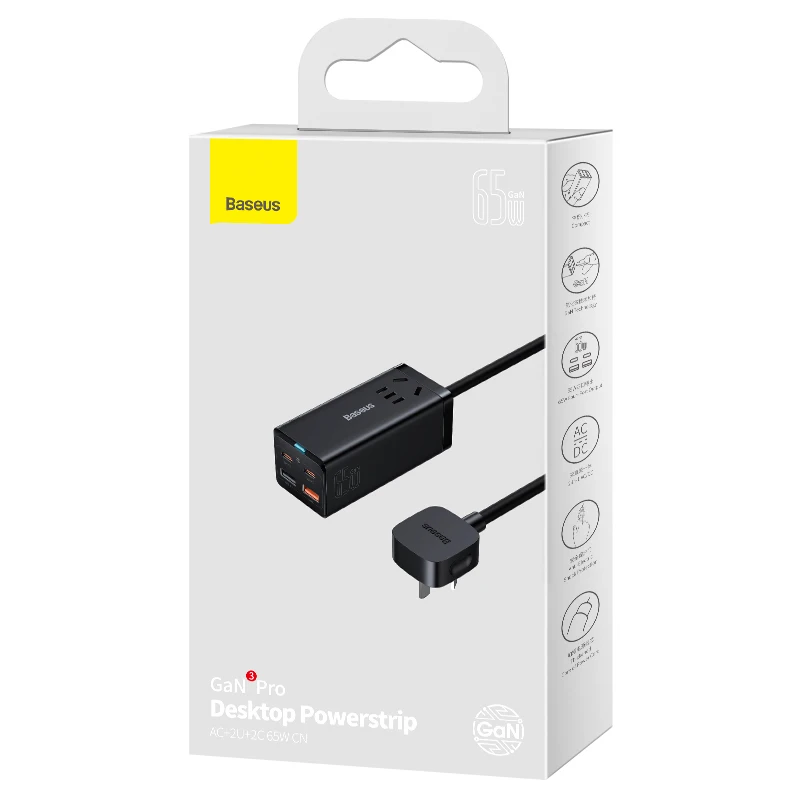 

GaN3 Pro Desktop Powerstrip Adapter AC+2U+2C 65W CN Include 100W Type-C To Type-C Fast Charging Cable For Baseus