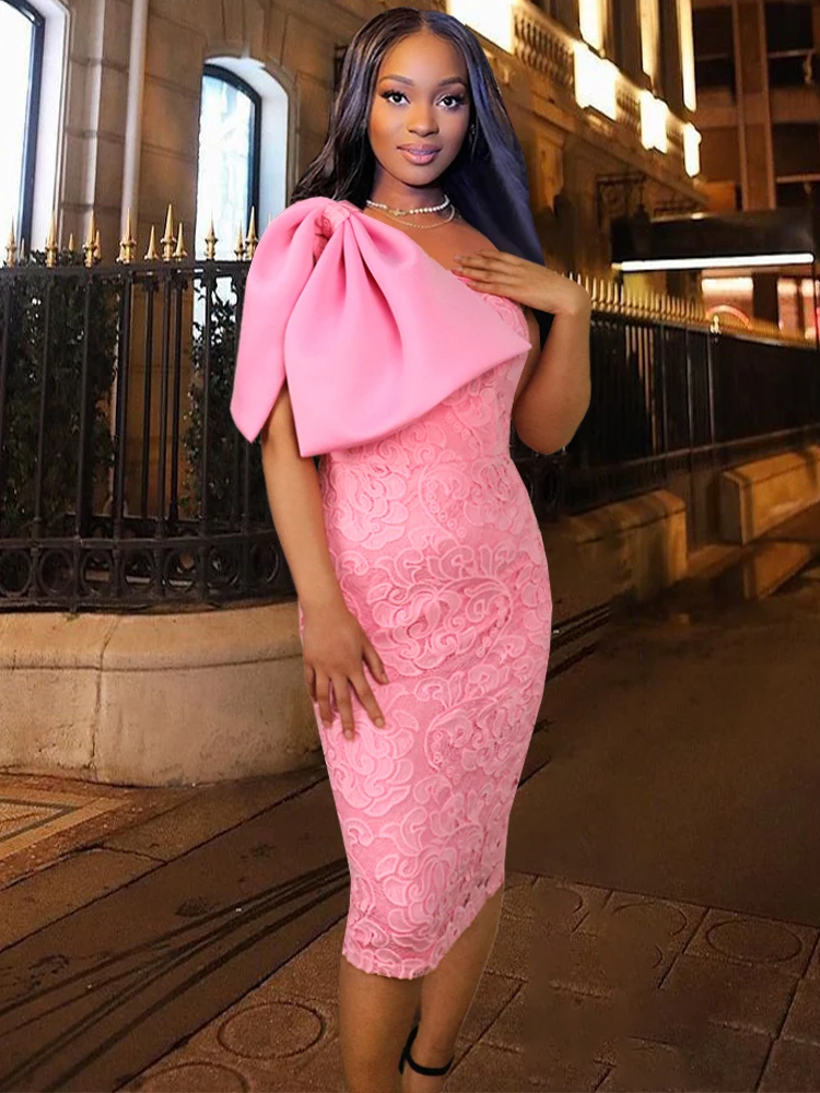 

Women Pink Lace Dress Party One Shoulder Bowtie Bodycon Sheath Event Celebrate African Female Robes New Elegant Birthday Gowns