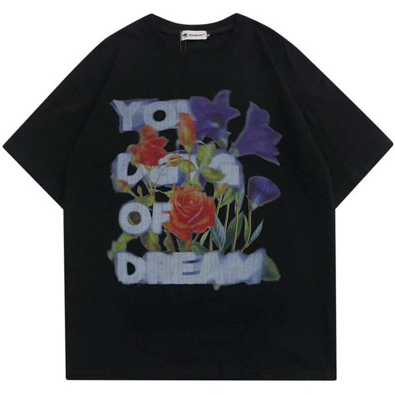 

Женская футболка в стиле хип-хоп, уличная одежда в стиле Харадзюку, черная хлопковая футболка с коротким рукавом и размытым цветочным принт...