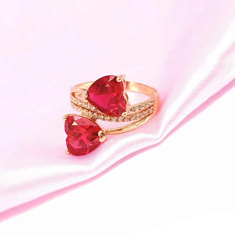 

Fashion romantic red gemstone 585 purple gold inlaid two heart-shaped engagement ring light luxury plated 14K rose gold jewelry