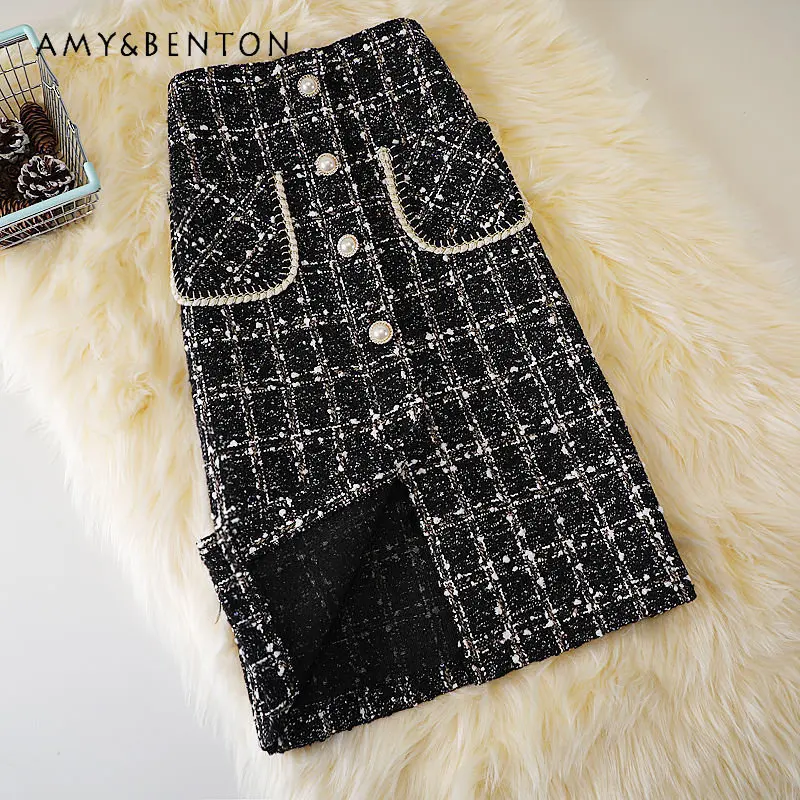 

Women's New Fashion Mid-Length A-line Skirt High Waist Slimming Woolen Plaid Skirt Trendy Style Elegant Skirt for Ladies