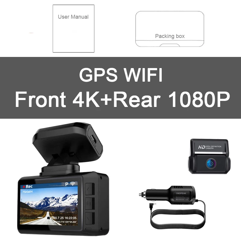 

Видеорегистратор OBDPEAK M63, автомобильная камера с двойным объективом Ultra HD, 4K, Wi-Fi, GPS, задним виденьем, функция парковки 24 часа