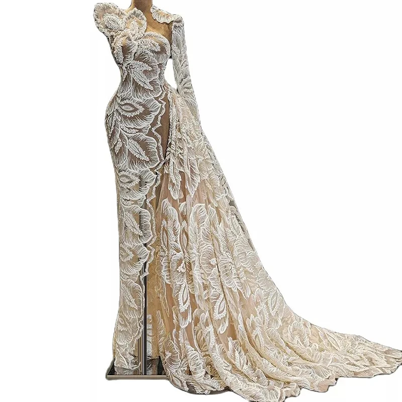 

2022 Elegant White Mermaid Prom Dresses One Shoulder Applique With Detachable Train Prom Dress Evening Gown Robe De Soirée