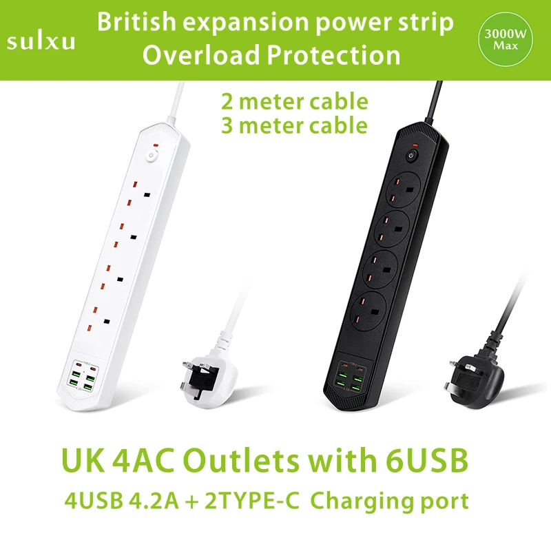 

4AC British power socket with overload protection USB power strip with TYPE-C charger 3 meters cable expansion Outlets