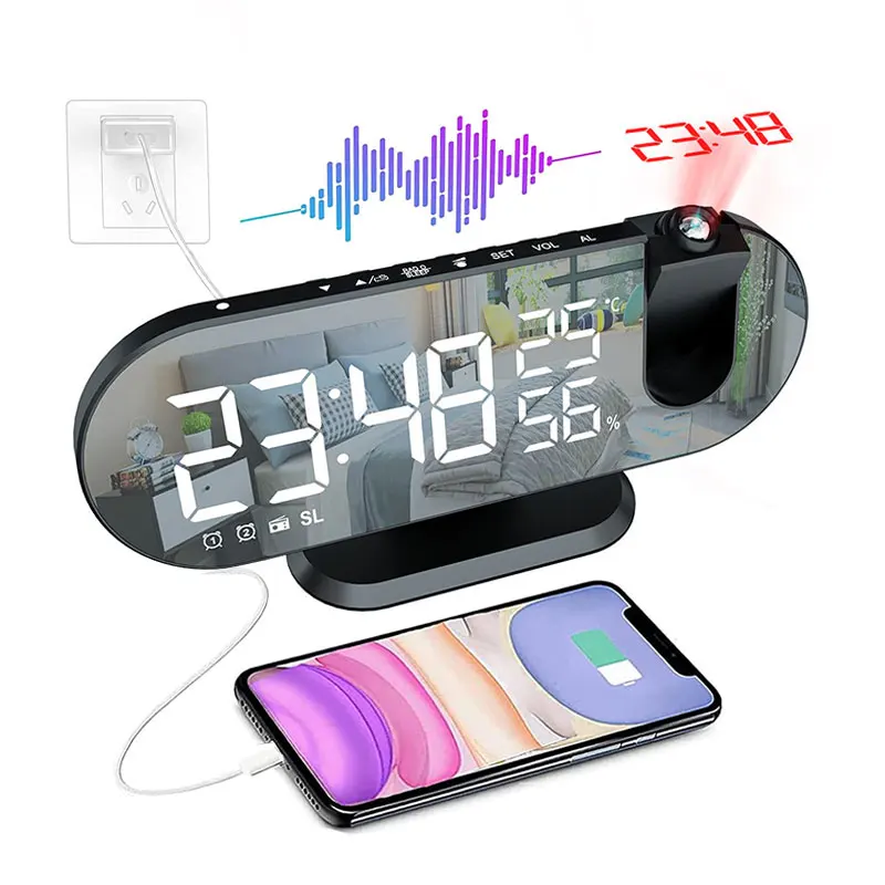 

Двойной громкий умный будильник проекция для спальни радио цифровой будильник с USB зарядным устройством большой зеркальный светодиодный д...