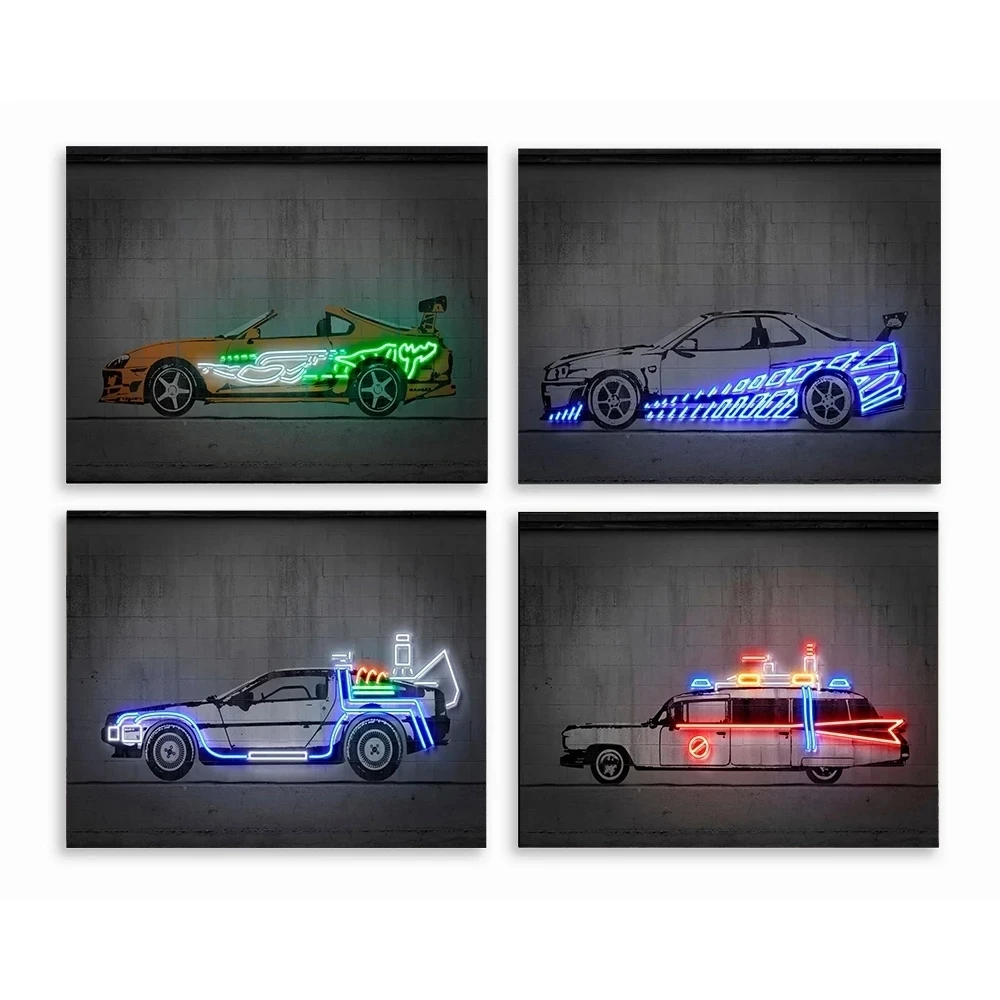 

Canvas Print Car Neon Back to the Future Street Poster Wall Art Painting Living Room Pictures Home Decor Cuadro Modular No Frame
