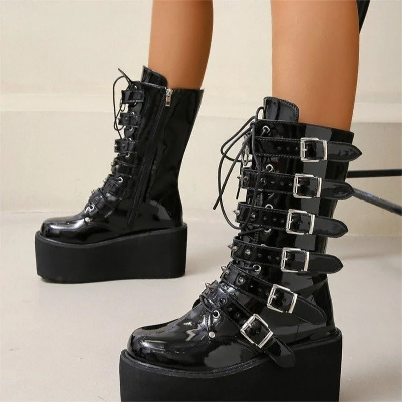 Brand New Gothic Style Platform Vampire Cosplay Women Mid-calf Boots 2022 Winter Wedges Comfy Women Motorcycle Boots Shoes