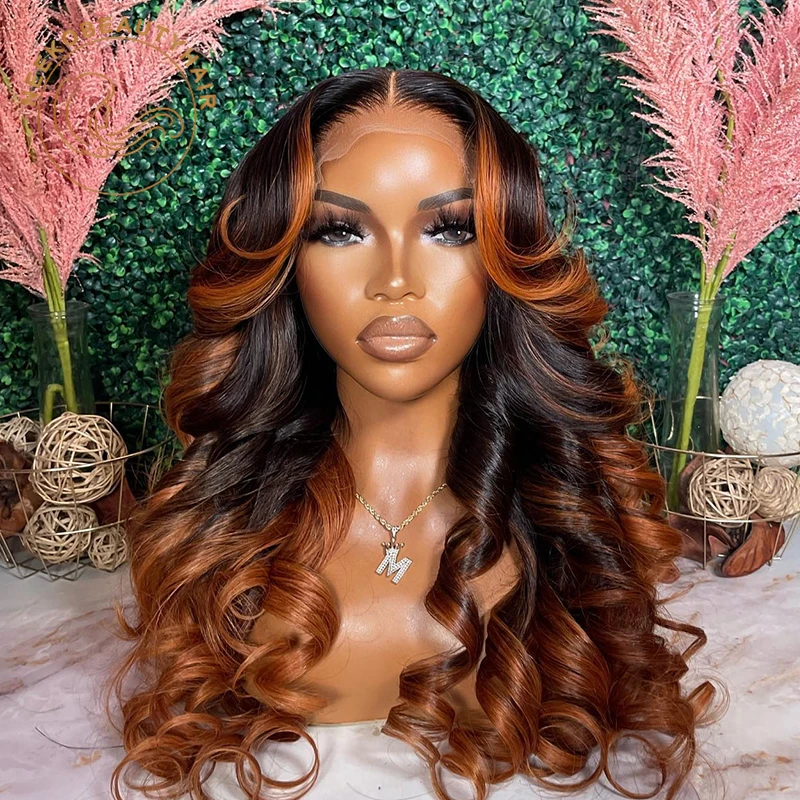 Ombre Ginger Brown Colored 13x6 Transparent Lace Frontal Wig Pre-Plucked Highlight Front Human Hair Wigs For Women