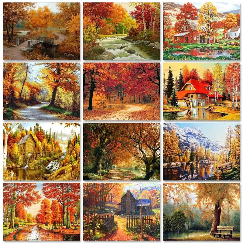 

RUOPOTY Decorative Frame Painting By Numbers Handiwork Autum Forest Coloring By Numbers Canvas Painting For Home Wall Art