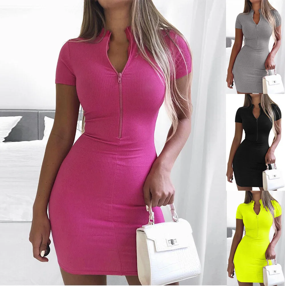

2022 summer high neck short sleeve Hip Wrap Skirt zipper dress