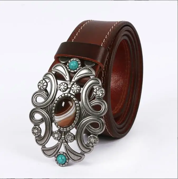 Cinturón de hebilla de cobre con piedras preciosas 100% de cuero de vaca para mujer, cinturones de remache de moda de cuero genuino, envío gratis