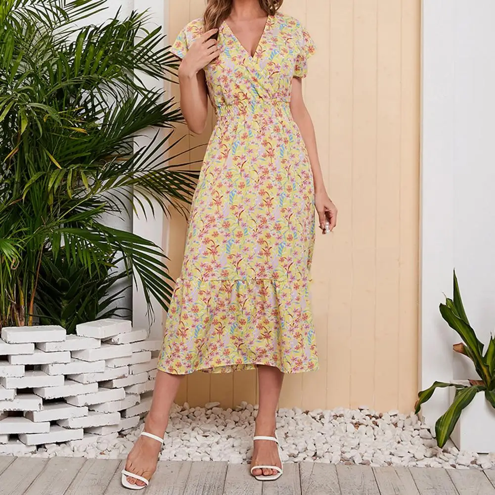 

Deep V-neck Elastic Waist Short Sleeve Beach Dress Ruffle Trim Hem Floral Print Chiffon Beach Midi Dress Ladies Clothing for sum