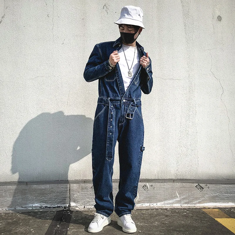Vintage Jeans Loose Cargo Wide-leg Jeans Japan Korea Blue Denim Jumpsuit Pockets Belt High Street Overalls Trendy Wear