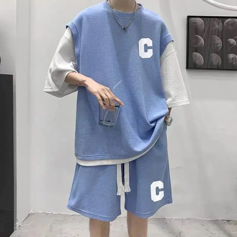 Men Hip Hop Tracksuits Patchwork Short-sleeved Shirt Summer Fake Two Pieces Set Unisex Youth Letter Print Male Sports Suits