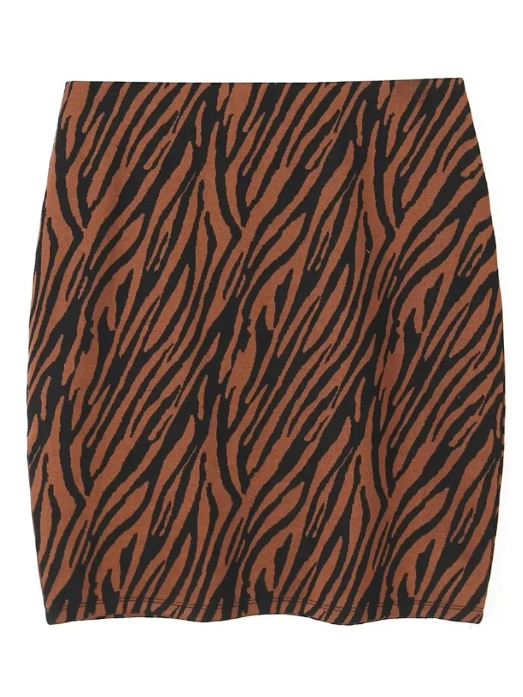 

Womens Vintage High Wiast Tiger Striped Print Knitted Short Skirts Girls 2023 New Casual Summer Elastic Plaid Mini Skirts