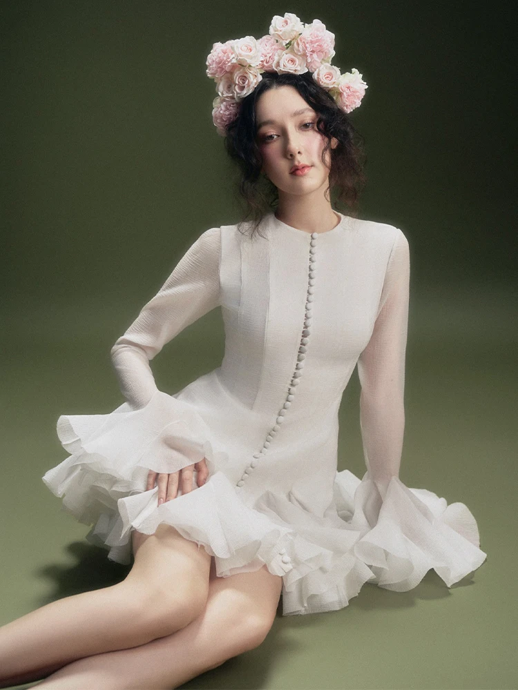 Женское вечернее платье-трапеция DEAT Элегантное однобортное платье с круглым