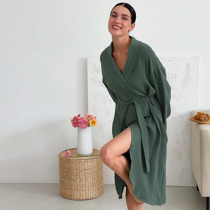 

Autumn New Fashion Cotton and Linen Ladies Nightgown Simple and Comfortable Green Dressing Gown Wholesale Loose Light Bathrobe