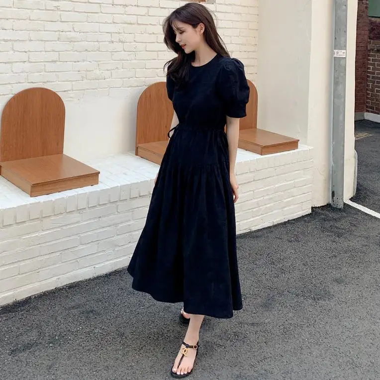 

COIGARSAM Women's Summer Dress Embroidery Cotton Linen Puff Sleeve O-Neck High Waist Apricot Black Dresses Dropshipping