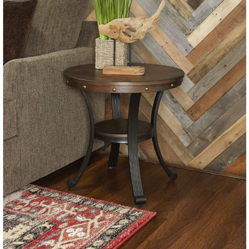 

24" Round End Table with Shelf, Rustic Umber